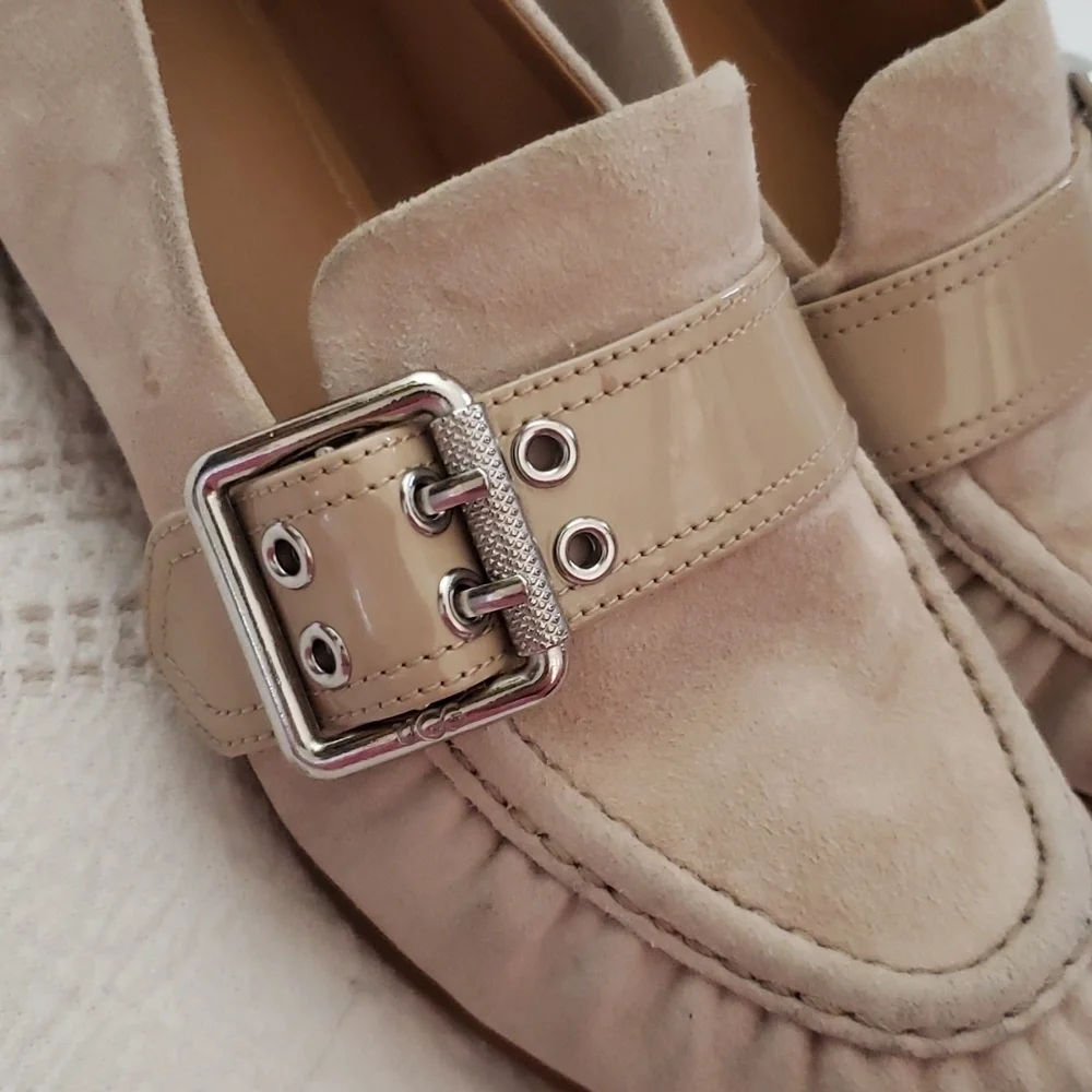UGG suede beige loafer, slip on, silver buckle, flats,  women's size 7.